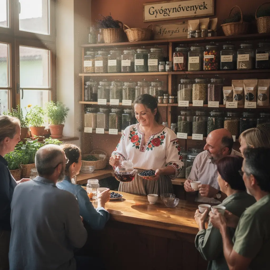 Friss áfonyával díszített gyógytea, napfényes háttérrel