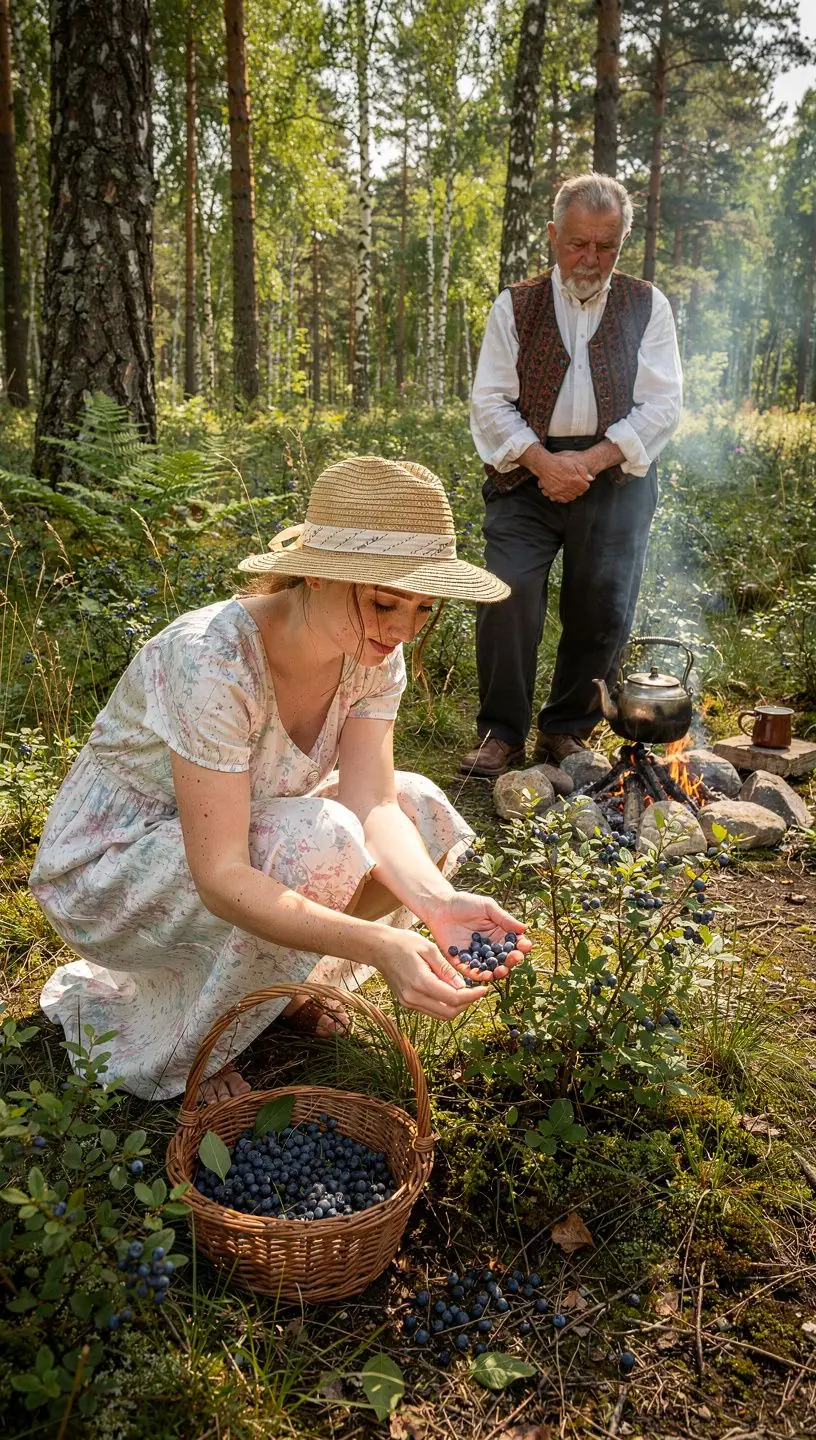 Egy csésze áfonyás gyógytea, mellette szárított bogyós gyümölcsök díszítik az asztalt.