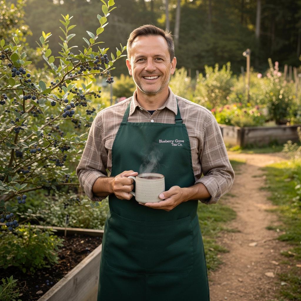 Egy csészében gőzölgő áfonya ízű tea, mellette egy kanál méz